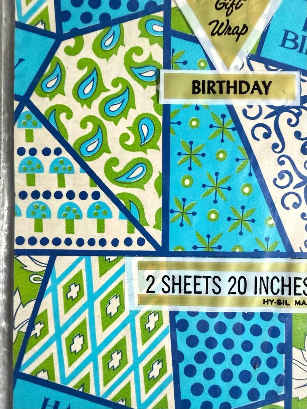 Vintage Hi-Sil Teal & Green Mushroom Paisley gift wrap 2 Sheets 8.3 Sq.Ft